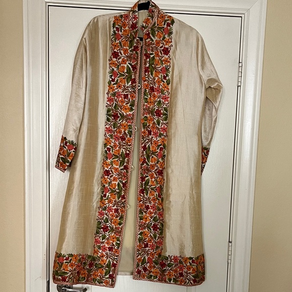 Floral Kashmiri Embroidered Long Silk Coat - Picture 1 of 7